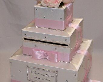 White/Pale Pink Wedding Card Box-Pink Roses-rhinestones