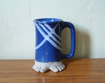 Vintage Coffee Mug With Feet By Five Bridges, Blue Footed Mug, Footware Mug, Coffee Cup Blue White Beer Mug, Beer Stein, Stoneware 1980
