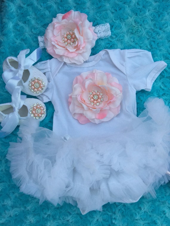 Items similar to White baby girl Onesie tutu skirt pink flower elastic