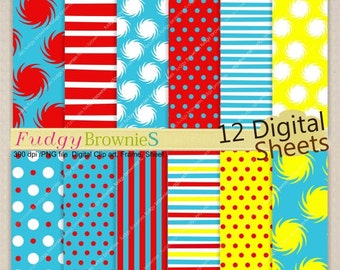 ON SALE Dr Seuss Digital paper pack 12"x12", kids birthday party background , No.155/2 printable background, Instant download