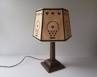 Vintage Cut & Pierced Paper Lamp Shade, Country Style Hexagon Lamp Shade for Table Lamp, Painted Hearts and Baskets, 1980s Lampshade, Spider