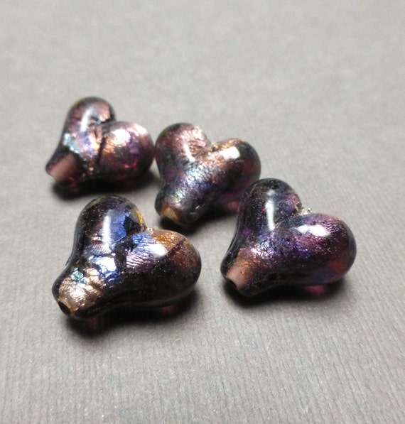 Lampwork Glass Hearts. Purple. Foil Lined. Jewelry Making. Beading Supplies. Heart Beads. Approx. 18mm. Four (4) Beads.