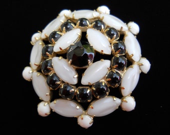 Black and White Brooch, White Moonglow Stones and Black and White Milk Glass Brooch Pin Vintage