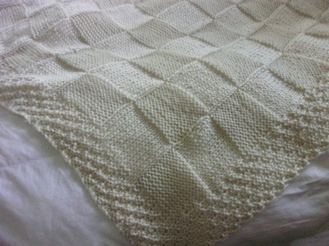 Hand knit Baby Blanket in large Block pattern with hand