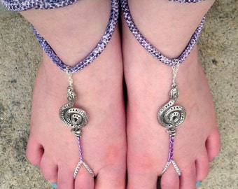 Pair of Purple Faux Snake Skin La ce up Barefoot Sandals with Silver ...