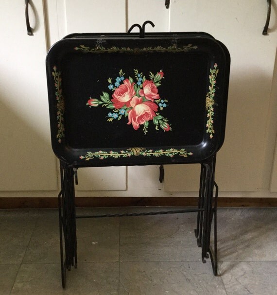 Vintage TV Trays With Iron Legs and Stand Tole Painted TV