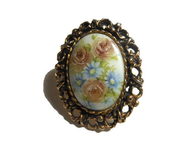 FREE SHIPPING Hand painted floral brooch dusty roses and light blue daisies with gold filigree frame, flower
