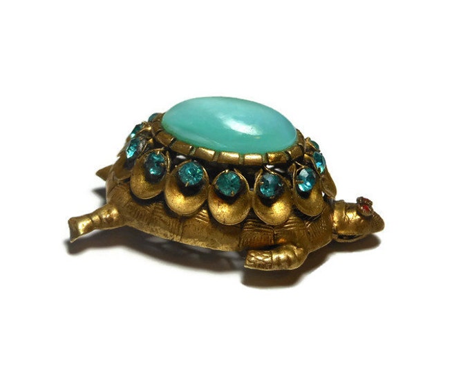 1920s Bohemian turtle brooch, marked Czecho, Gablonz style blue glass, blue rhinestone crystals, brass body, ruby rhinestone eyes