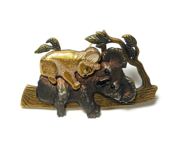 FREE SHIPPING Kenneth Cole Koalas brooch, Mother koala and cub on log, antique finish, gold and bronze with light enameling, figural