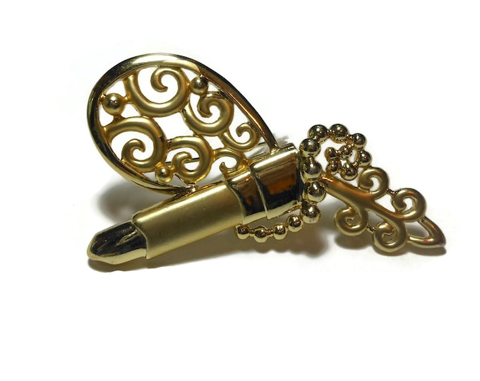 FREE SHIPPING Don Lin lipstick mirror brooch, matte brush gold finish, lovely scroll work, unique style for Don Lin, 1980s