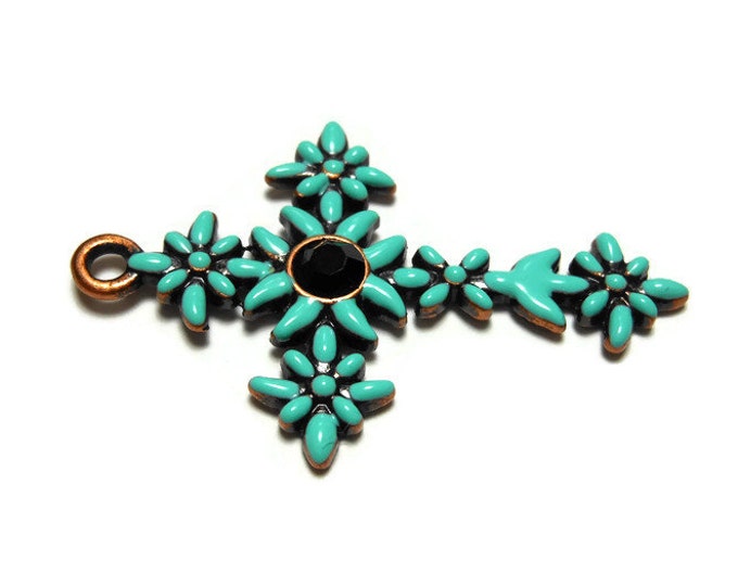 FREE SHIPPING Green cross pendant, mint green enamel flowers on copper base with black rhinestone center, floral cross