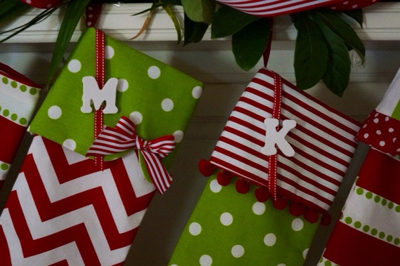 Christmas stockings 4 personalized in bright red and green