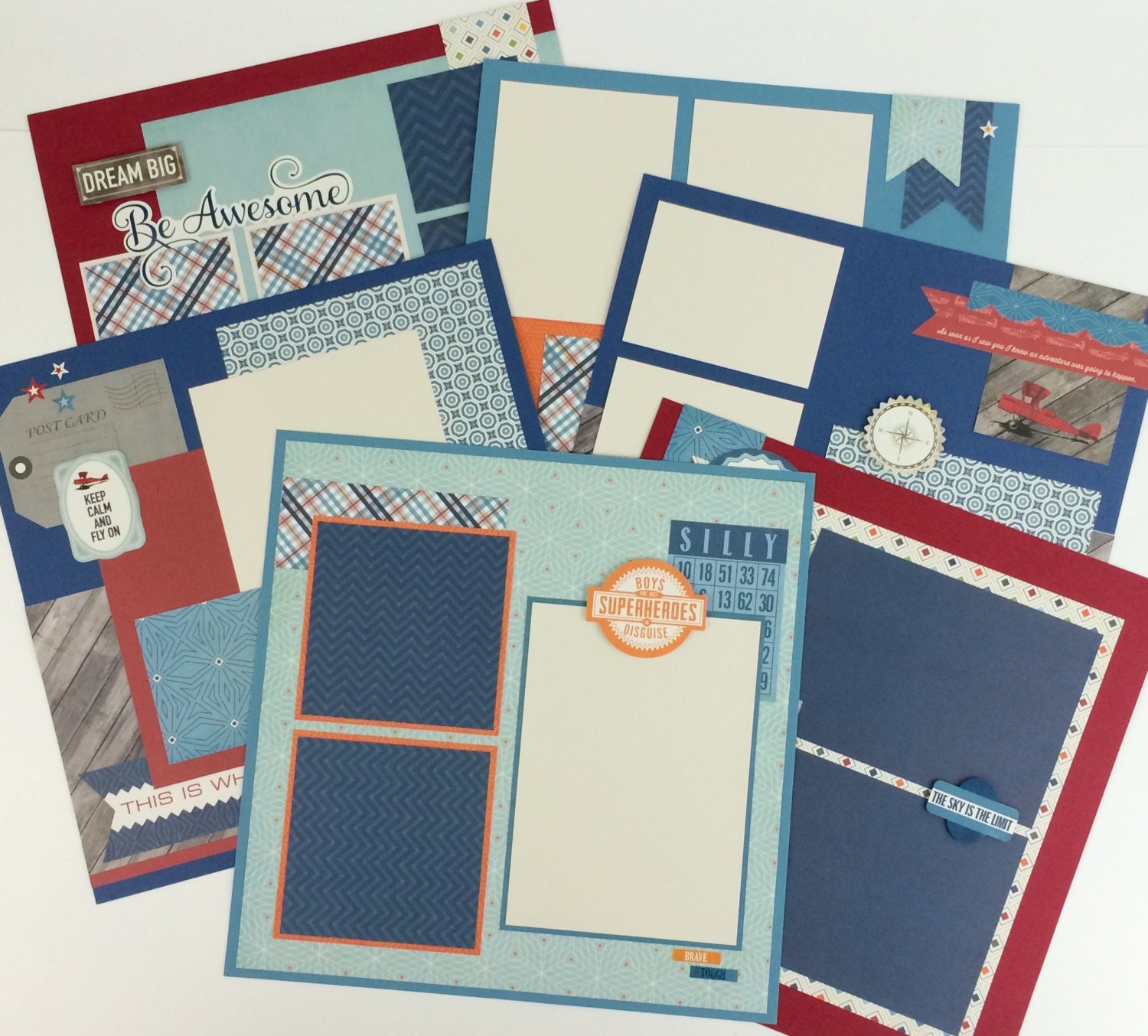12x12 Scrapbook Page Kit or Premade Masculine Theme 6 pages