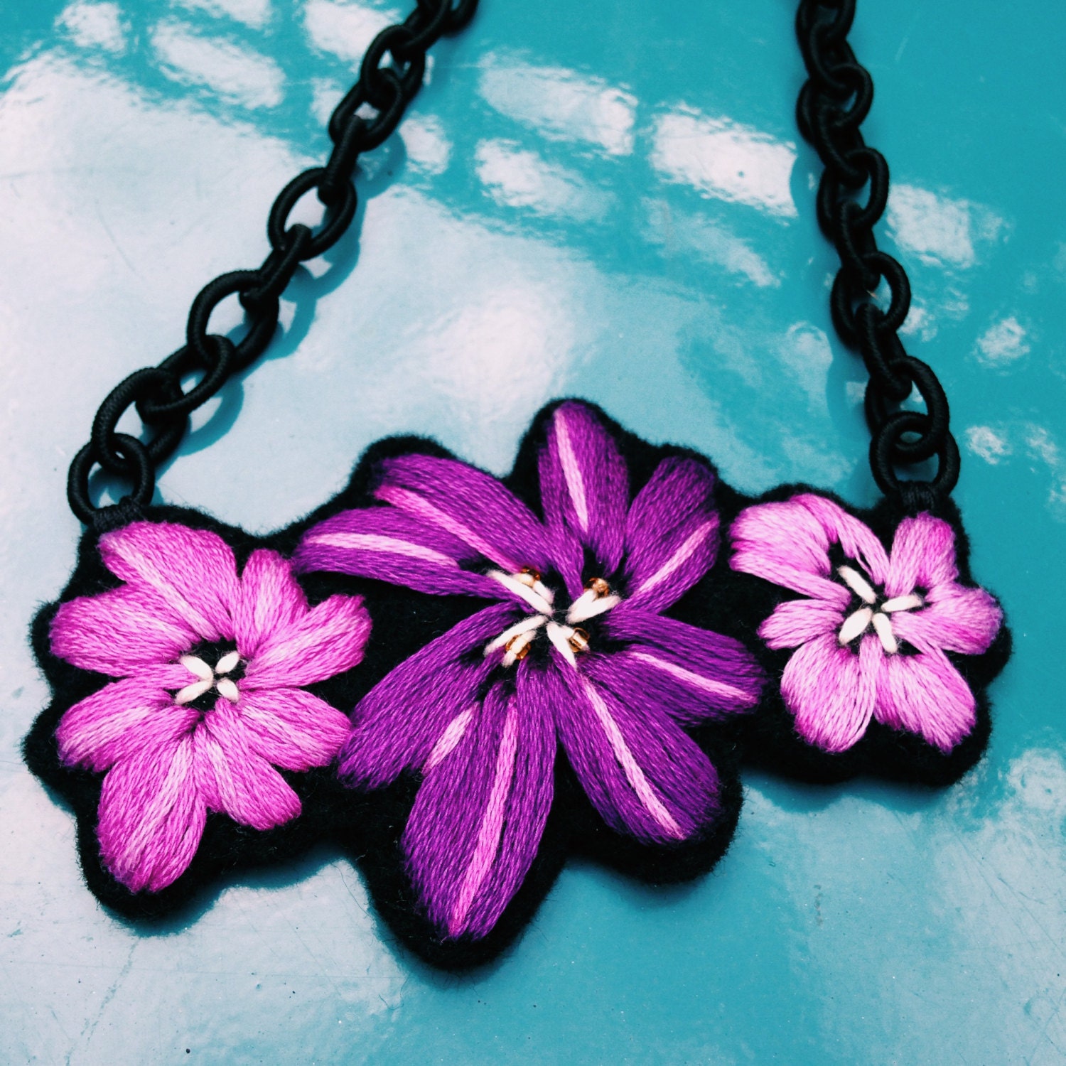 Purple hand embroidered flower necklace