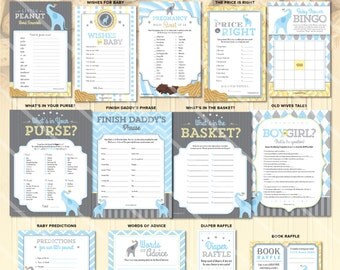 Elephant Baby Shower Games | Little Peanut Theme | Boy Baby Printable Game Blue | ONE GAME You Choose | Invitation & Decorations Available