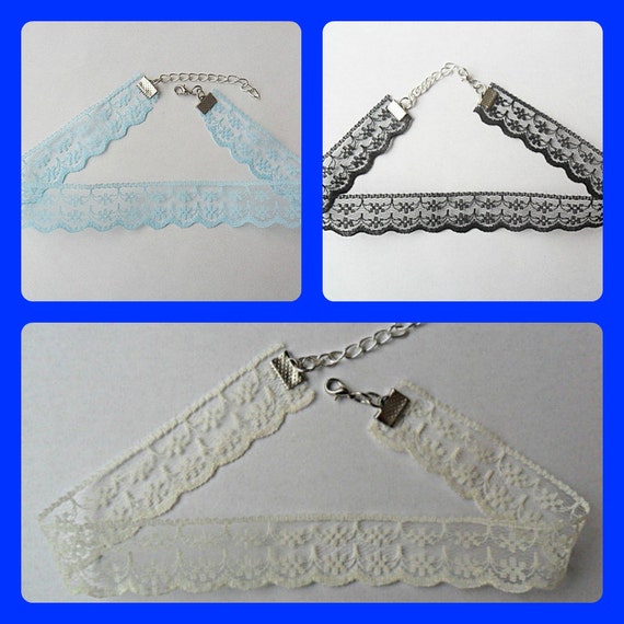 Dainty Set of 3 wholesale scalloped lace choker necklaces set beige/black/light blue with a width of 3/4” pick your neck size