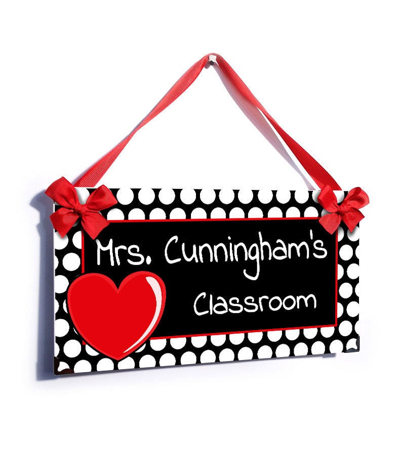 Personalized Teacher Name Classroom Door Sign White Dots Red