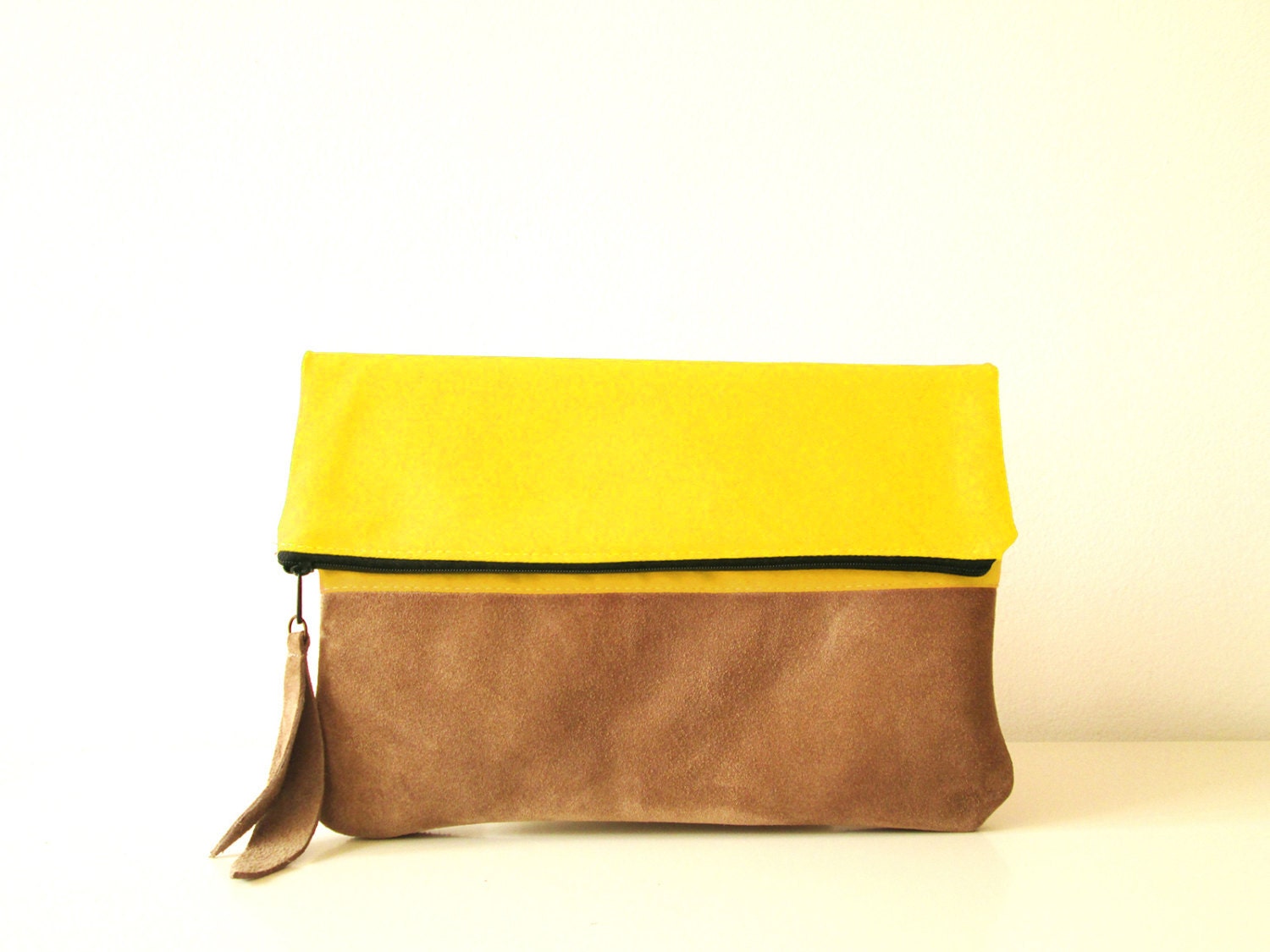 Clutch bag Lemon yellow Canvas Suede Fold over clutch