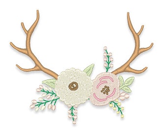 Large Floral Antler Monogram Frame Embroidery Design- Instant Download