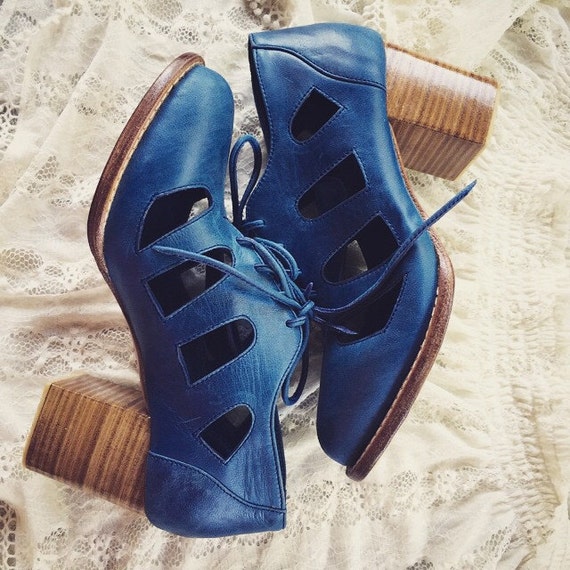 blue leather booties ladies