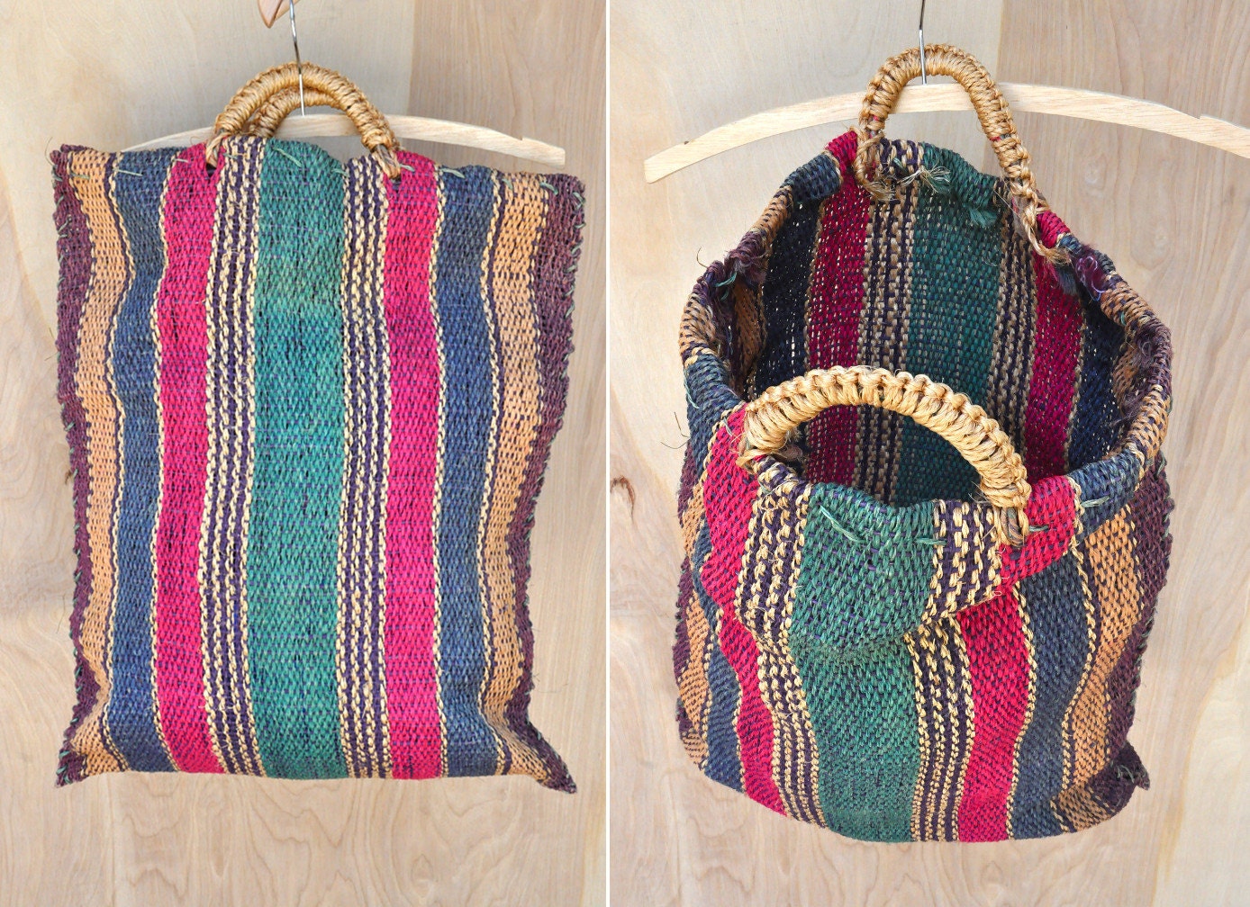 SALE Vintage Straw Sisal Market Bag Boho Hippie Colorful Bag