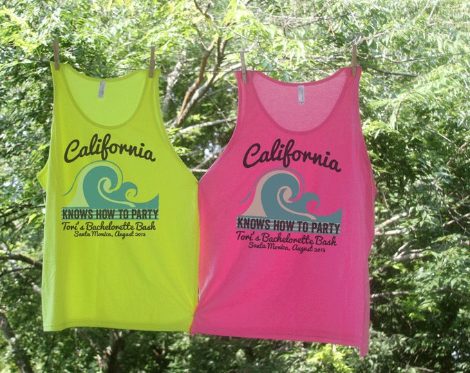 California Knows How To Party Bachelorette Beach Tank Sets - Personalized with name, date and location if desired