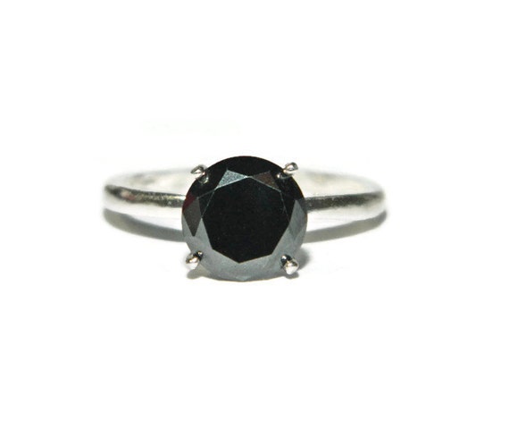 Black Diamond Ring, Sterling Silver,Moissanite Ring, 10mm Round
