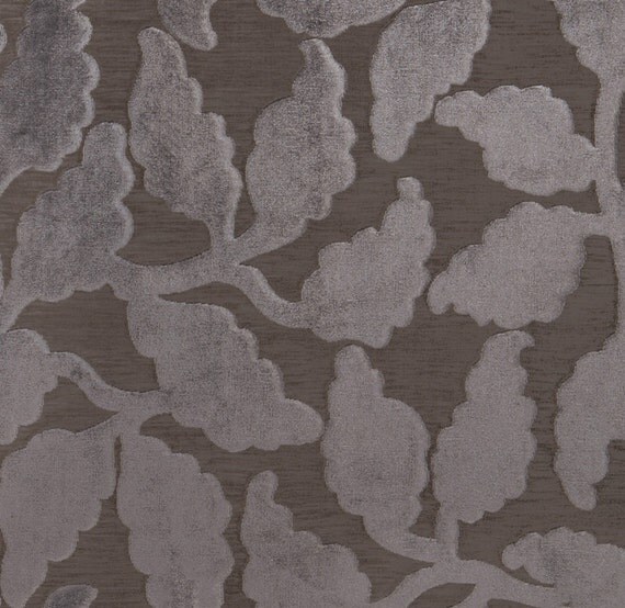 Grey Velvet Upholstery Fabric with Leaves by PopDecorFabrics
