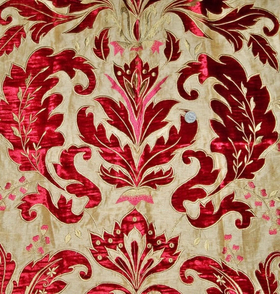 OPULENT OPERA DAMASK Velvet Embroidered Applique on Silk Linen