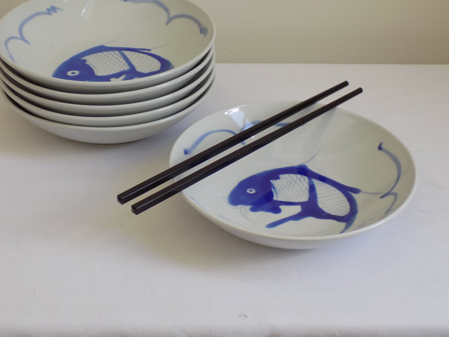 Vintage Set of 6 Blue KOI Fish Hand Painted Chinese