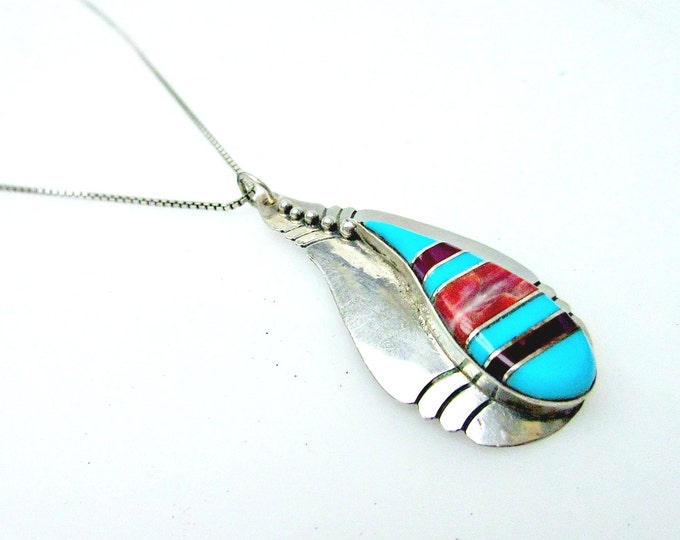 Sterling Turquoise Coral Necklace - Gemstone inlay - Native American Pendant - Sterling Chain Italy necklace