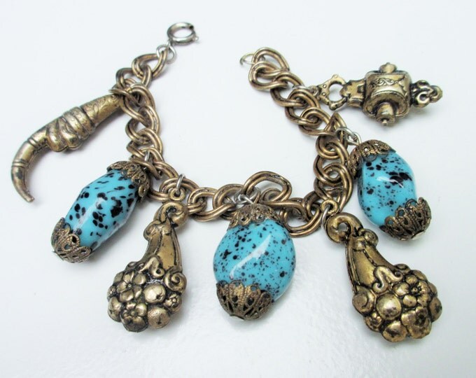 Brass Charm Bracelet - Turquoise blue art glass - unique brass charms- chain bangle