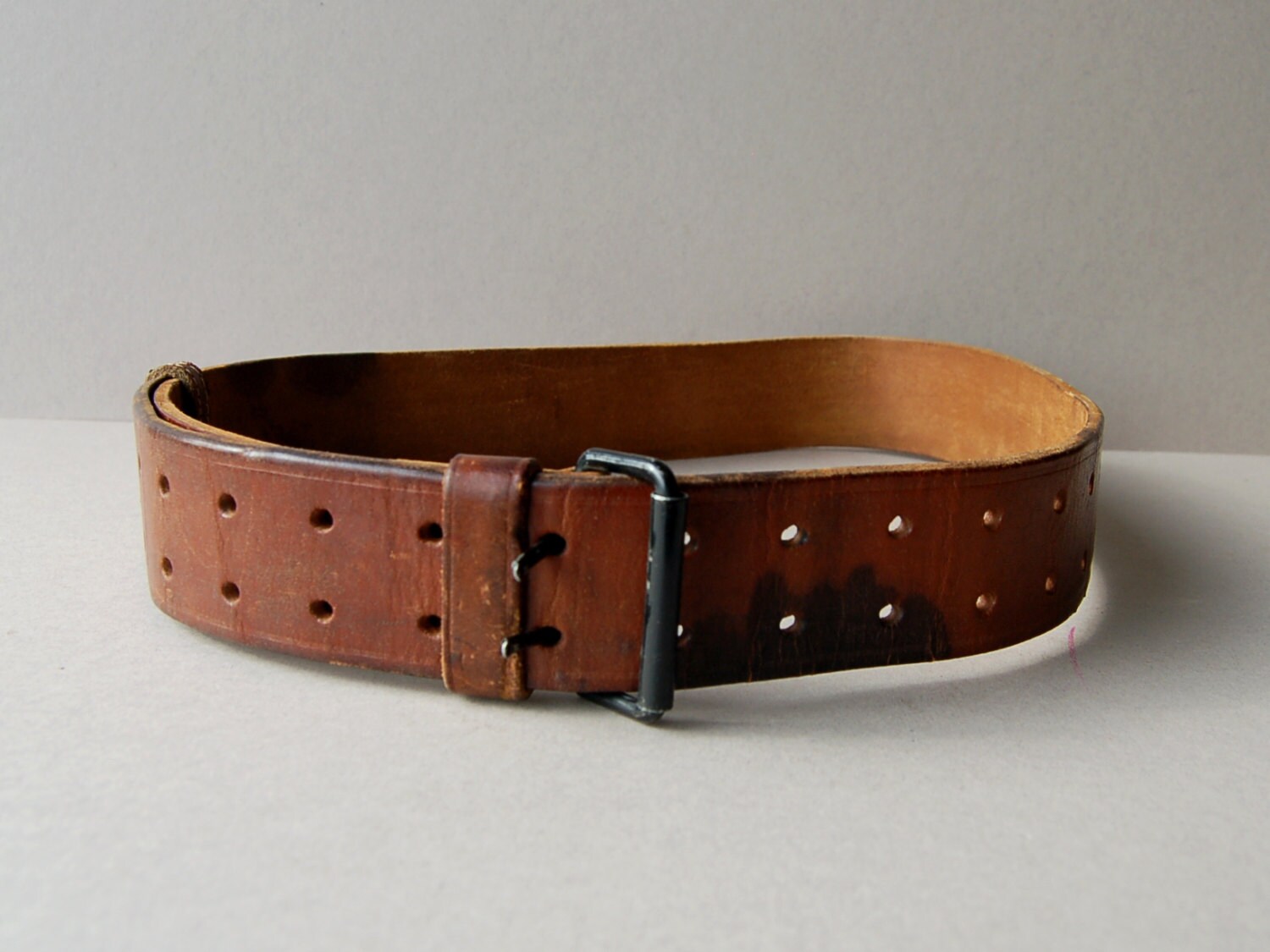 Vintage French Army leather belt Tan leather military belt