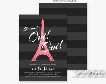 Black Paris Bridal Shower Invitations - Printed, Pink French Couples Engagement Parisian Eiffel Tower Striped Brunch White Grey - #035