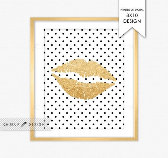 Black Gold Glitter Kiss Lips Wall Art Printed or Printable