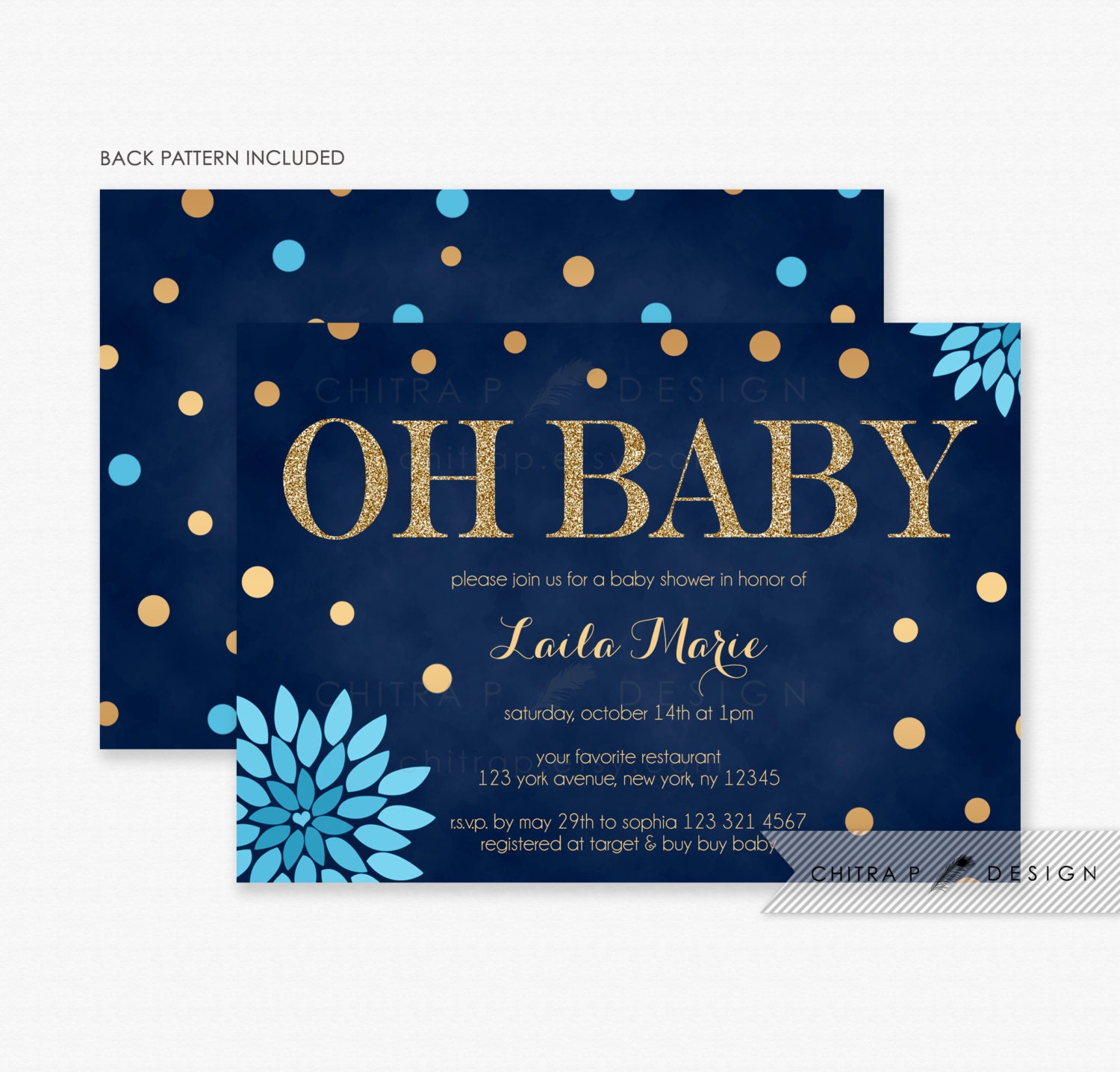 Navy & Blue Baby Shower Invitations Printed Gold by chitrap