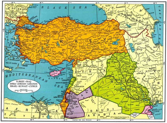 Turkey And Middle East Map 1950s Cram Atlas By