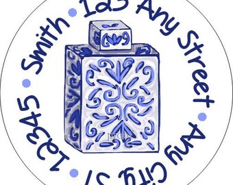 Blue and White Ginger Jar Round Address Labels, Chinoiserie Stickers for use as Gift Tags, Party Favors, Address Labels & Class Parties