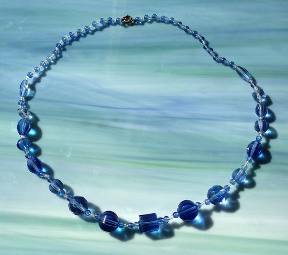 Vintage Deep Blue Faceted Glass Beads Necklace