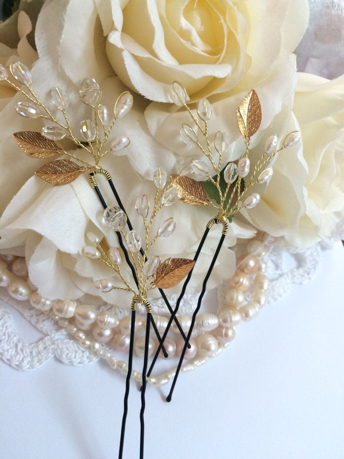 Set of 3 bridal hair pins wedding hair accessories pearl