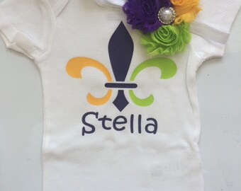 Baby Mardi Gra outfit- toddler Mardi Gra- Mardi Gra Headband- mardi gra shirt - mardi gra baby- Headband and bodysuit ONLY