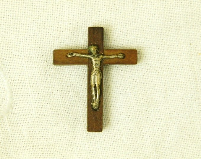 Vintage French Mid Century Wooden and Metal Crucifix / Religious Jewelry / Christian Cross / Jesus / Christ / Catholic / Church / Jewellery