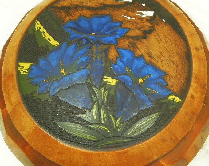 Large Vintage French Art Deco Faceted Wooden Box With a Scene of the Alps and Mountain Bog Gentian / Art Deco Decor / Holiday Souvenir Retro Large Vintage French Art Deco Faceted Wooden Box With a Scene of the Alps and Mountain Bog Gentian / Art Deco Decor / Holiday Souvenir Retro