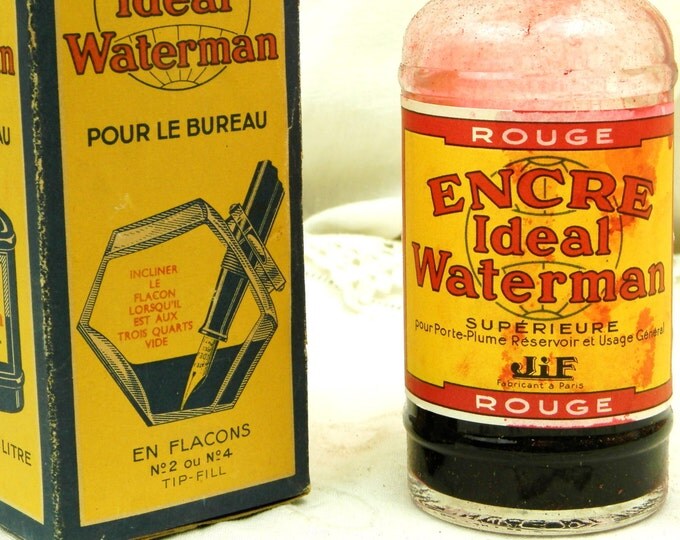Antique French Waterman Red Ink Bottle with Original Box 1/5th Full / Encre Ideal Waterman / 1/4 Liter Glass Bottle Desk / Writing / France