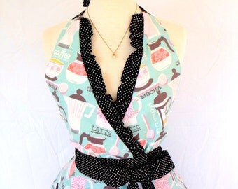 Rockabilly French Roast Apron Halter Style with Black Pin dot