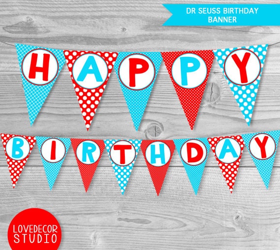 Dr Seuss Birthday Banner Printable Seuss Decorations Blue
