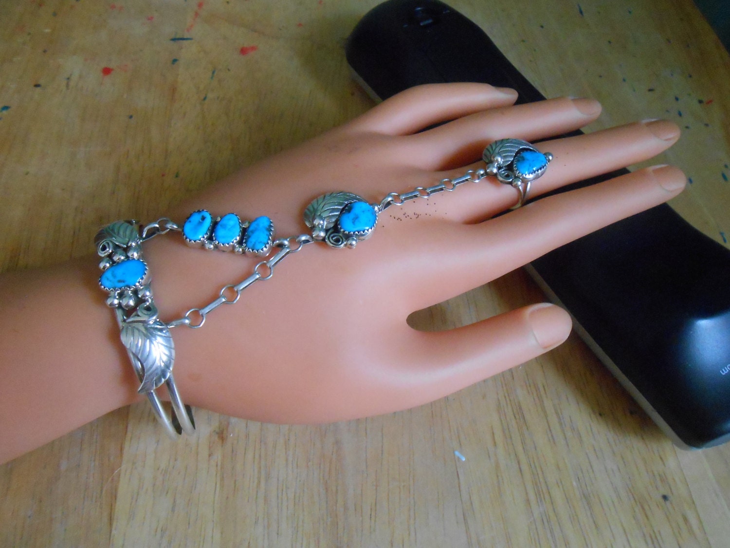 Turquoise Slave Bracelet Sterling Silver Ring Hand Harness