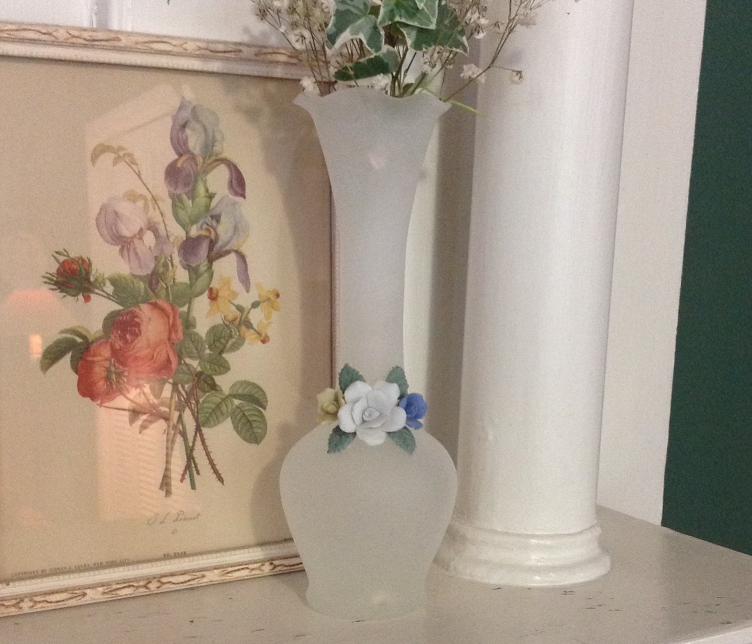 Hand blown frosted satin glass tulip bud vase applied