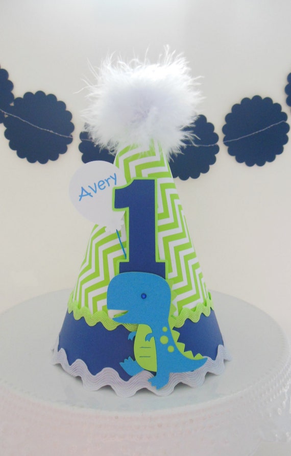 Lil' Dinosaur - T-Rex - Birthday Party Hat - Personalized - Blue and Green Chevron Il_570xn