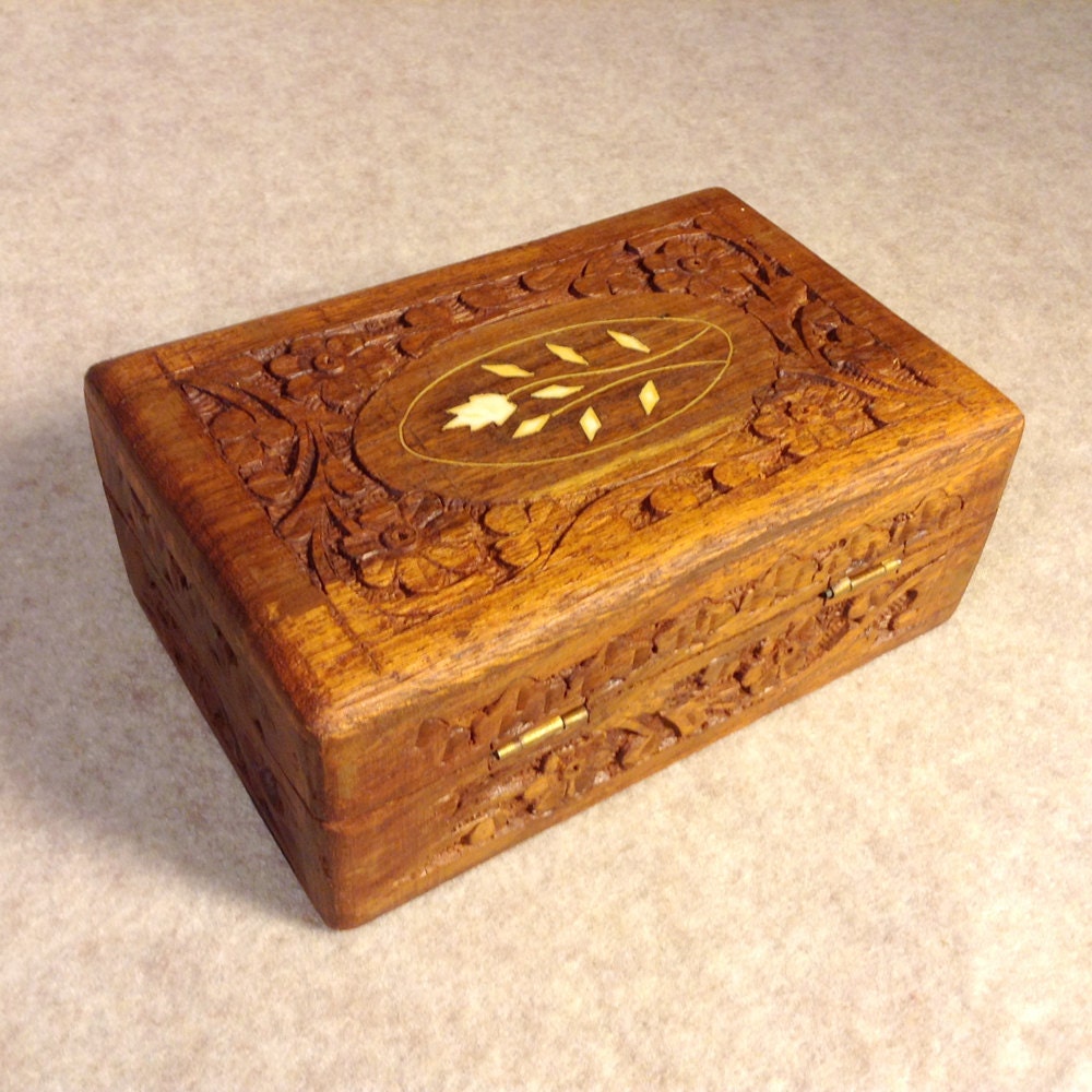 Vintage Hand Carved Wood Box with Inlay Design Jewelry Box